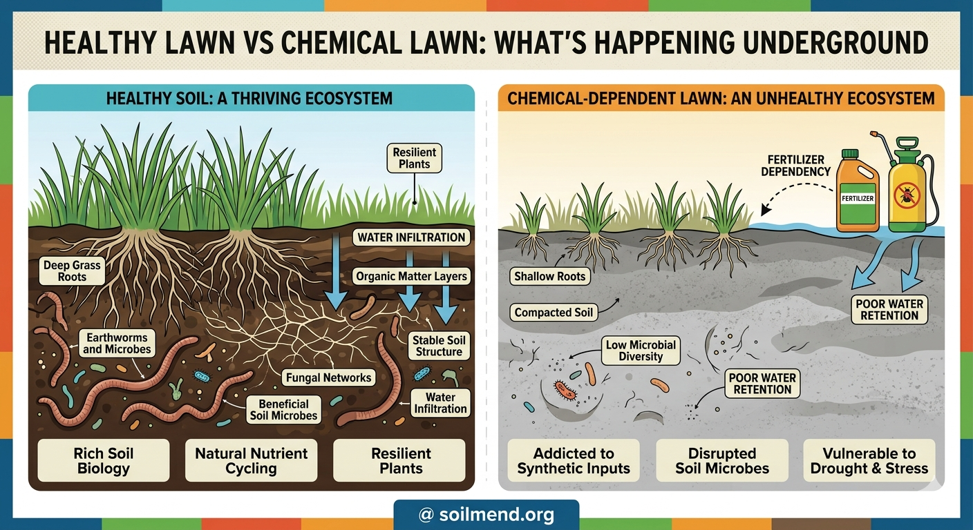 Healthy Lawn vs Chemical Lawn: What's Happening Underground — SoilMend infographic