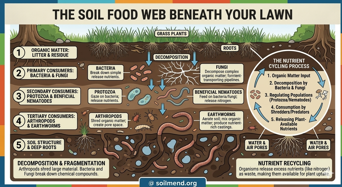 The Soil Food Web Beneath Your Lawn — SoilMend infographic